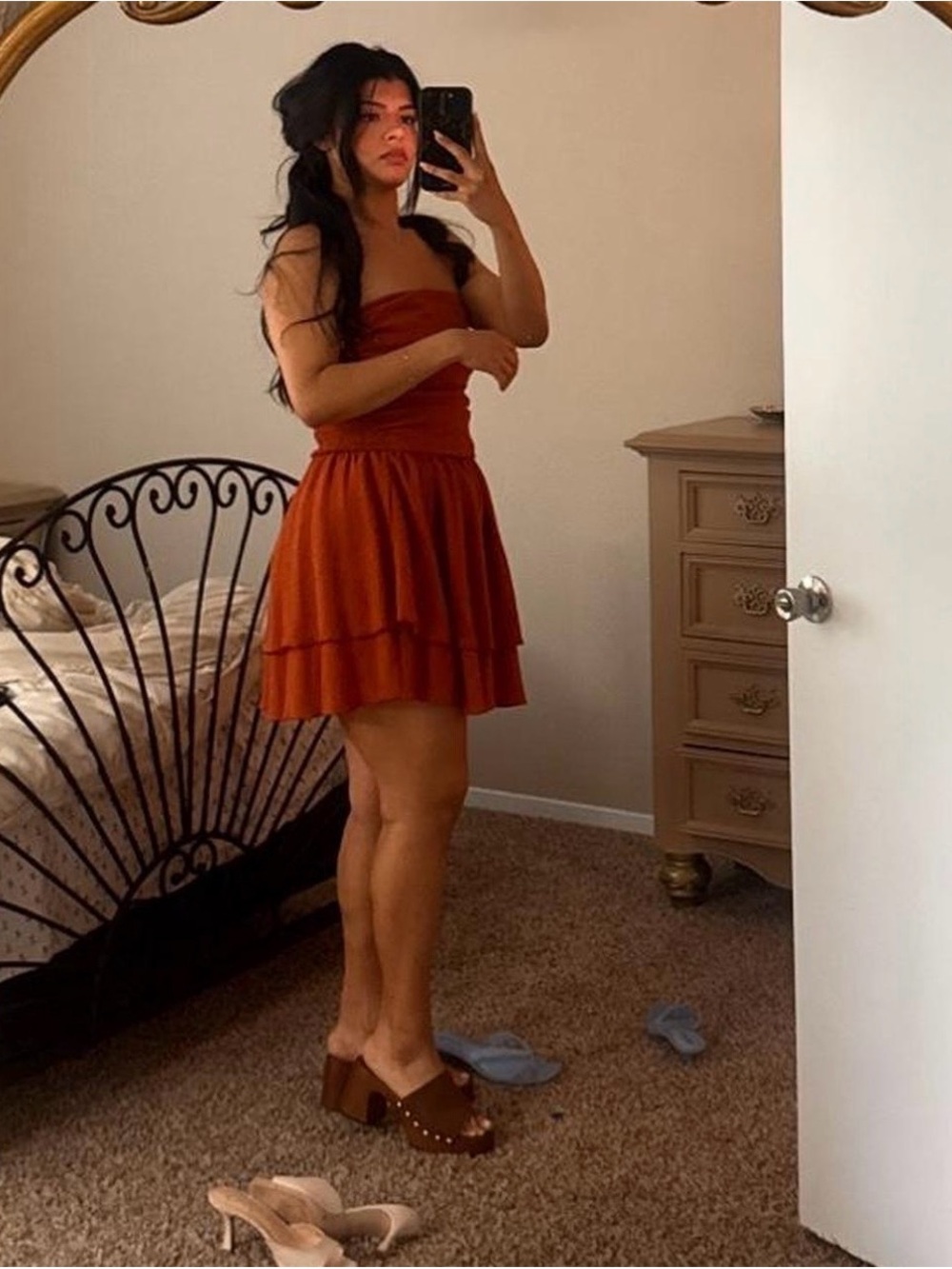 Strapless Tiered Mini Dress in Burnt Orange